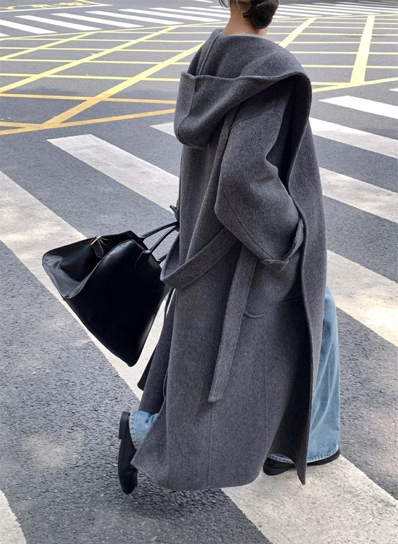 Wool Beige Pocket Belted Long Woolen Coat New Hooded Long Sleeve Women Jacket Fashion Tide Autumn Winter 2025 New
