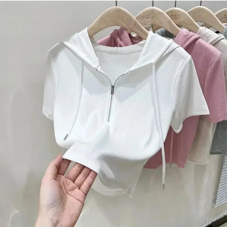 Hoodedslims Women's Double Zip Short Sleeve T-Shirt Cropped Top Sensible Design Polyester Fiber Summer 2025 New Arrival Jacket