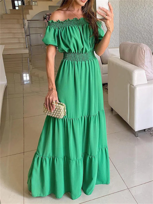 Green Boho Maxi Dress Women Summer Oversize Loose Casual Slash Neck Long Dress Female Fashion Elegant Beach Party Dress 2023 New