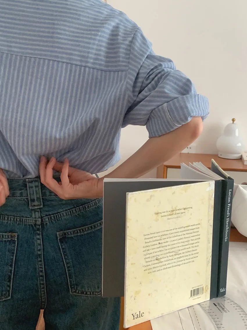 Chic Autumnal Vintage Loose Fit Long Sve Blue Striped irt Women's Faion Versatile Double ket Suit Collar Outfit