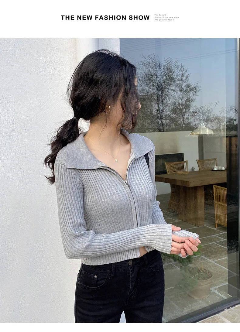 Elegant Korean Knitted Sweater Sexy Lapel Zipper Up Cardigan Women Vintage Harajuku Slim Coat Casual Ribbed Knit Cropped Tops