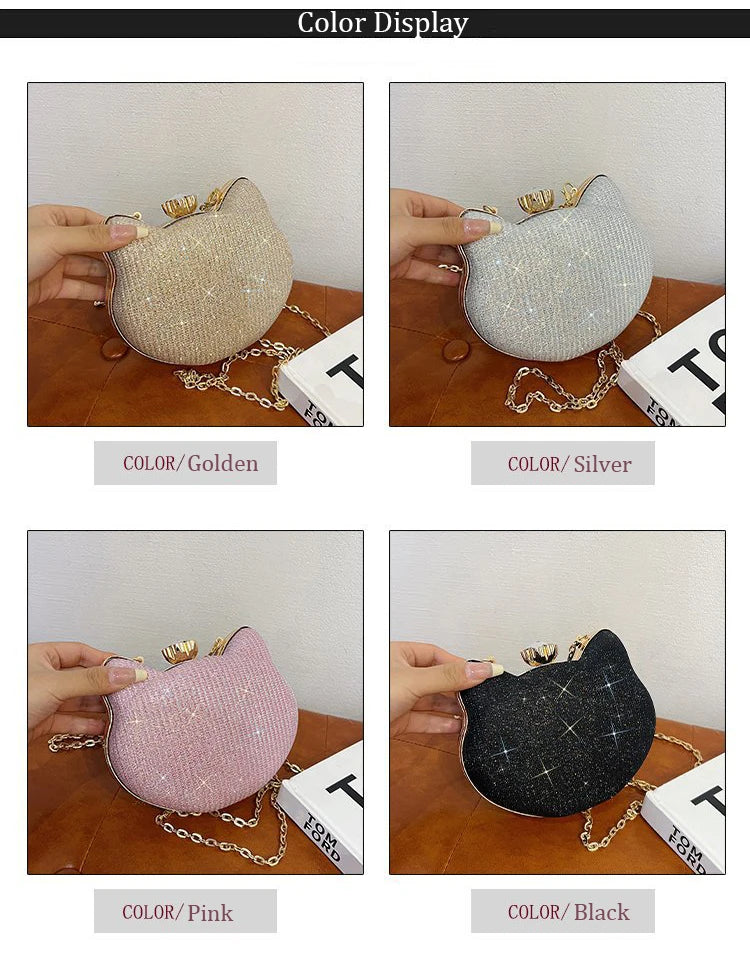 Fashion Ladies Clutch Bag Small Cat Shoulder Handbags Female Party Wedding Shine Evening Bag For Women Diamond Phone Chain Purse