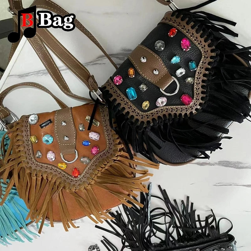 Vintage PU Leather Tassels Bags Y2K Women Girl Gemstone Fringed Shoulder Bags Female Punk Cross Messenger Bags phone bag