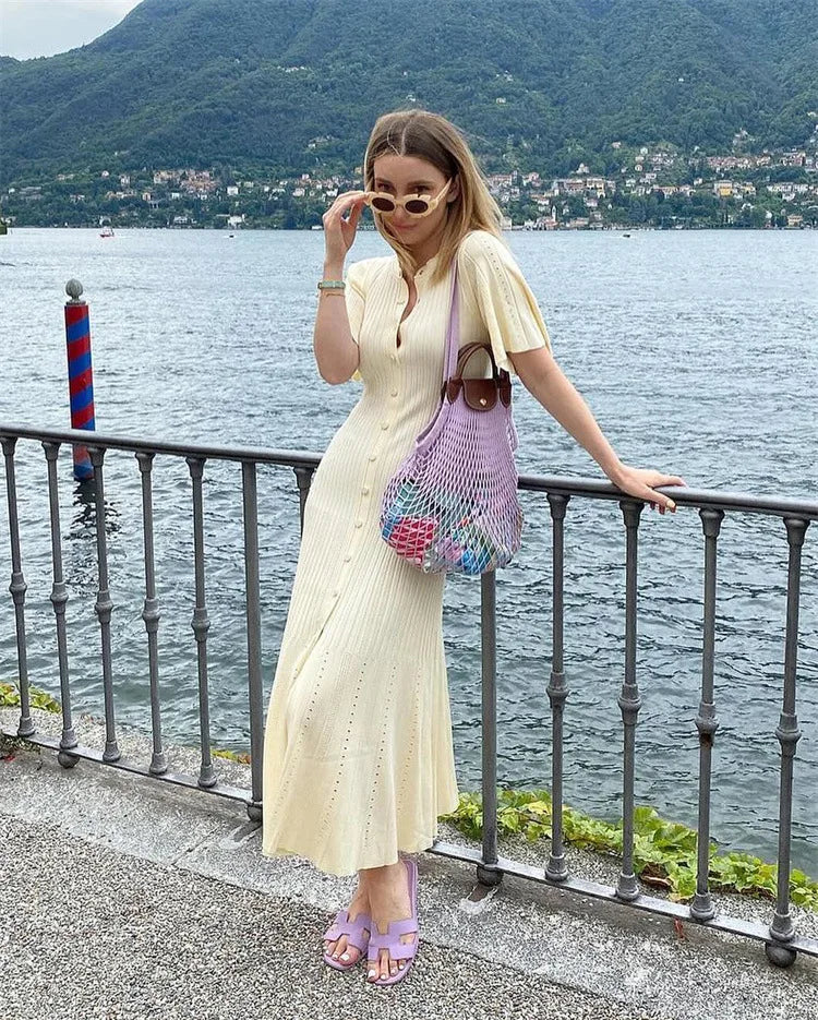 Elegant Knitted Single Breasted Midi Dress Women's Patchwork Dresses Female 2025 Summer Robe New Black Beige Robes Evening Party