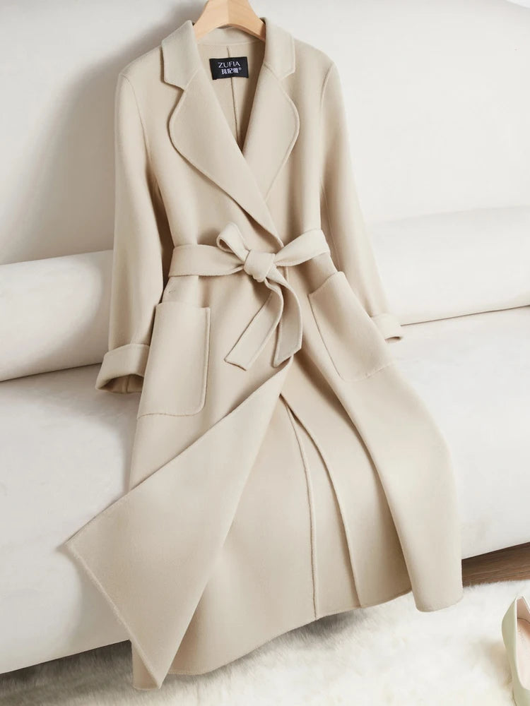 White Belt Double-sided Cashmere Coat Women's 2024 New Fashion Temperament Winter Slim Wool Coat Solid Female Long Windbreaker