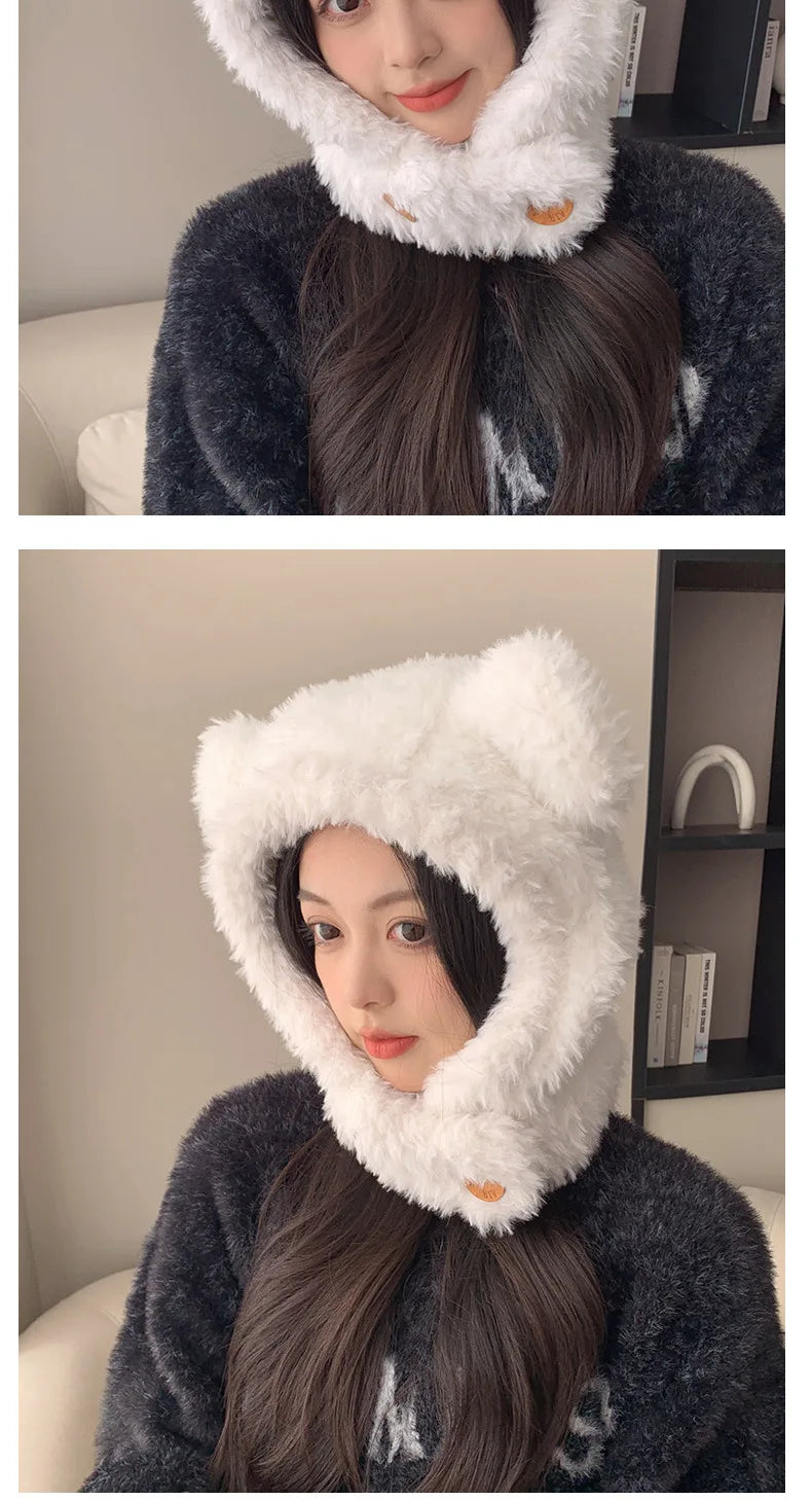 Plush bear ear hat woman winter thick cold lovely windproof neck protector scarf neck integrated hat