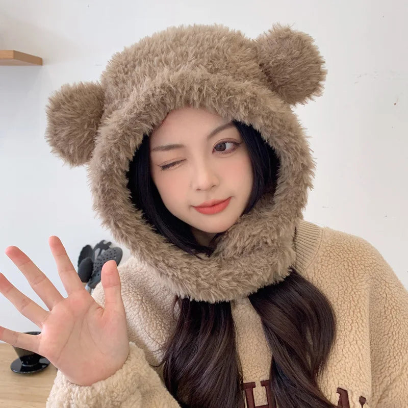 Plush bear ear hat woman winter thick cold lovely windproof neck protector scarf neck integrated hat