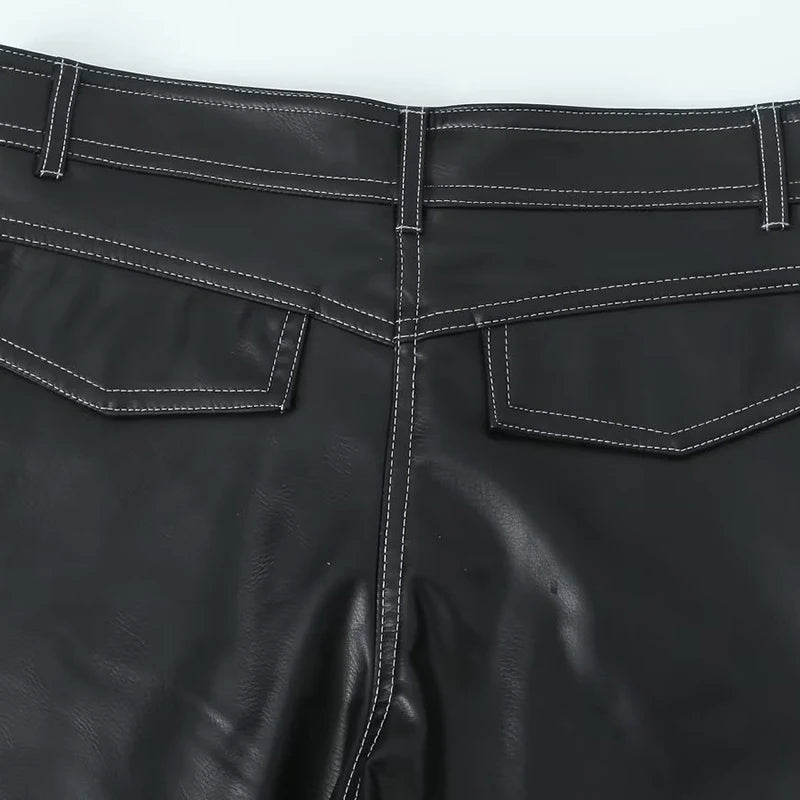 2023 Women's Autumn Black Faux Leather Wide Leg Fleece Pants Vintage Winter High Waist Office Lady PU Female Trousers Mujer