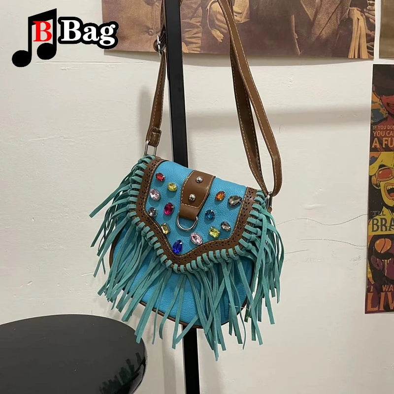 Vintage PU Leather Tassels Bags Y2K Women Girl Gemstone Fringed Shoulder Bags Female Punk Cross Messenger Bags phone bag