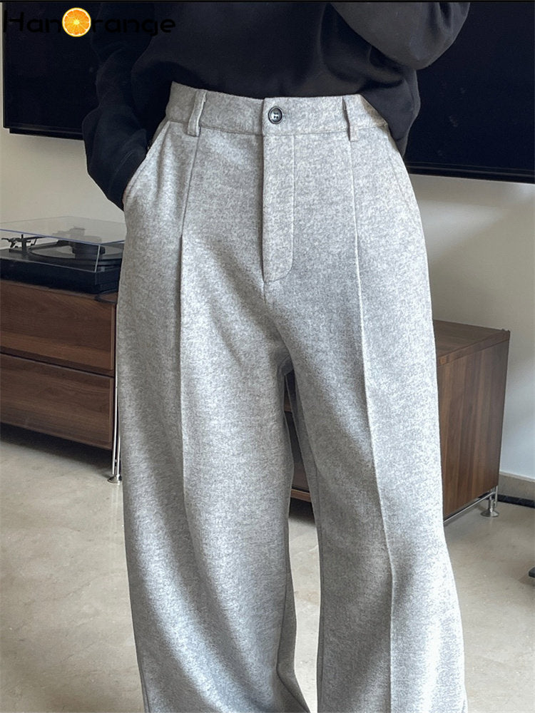 HanOrange 2024 Winter Languid Woolen Wide Leg Pants Casual High Waist Loose Comfortable Thick Trousers Female Grey/Navy