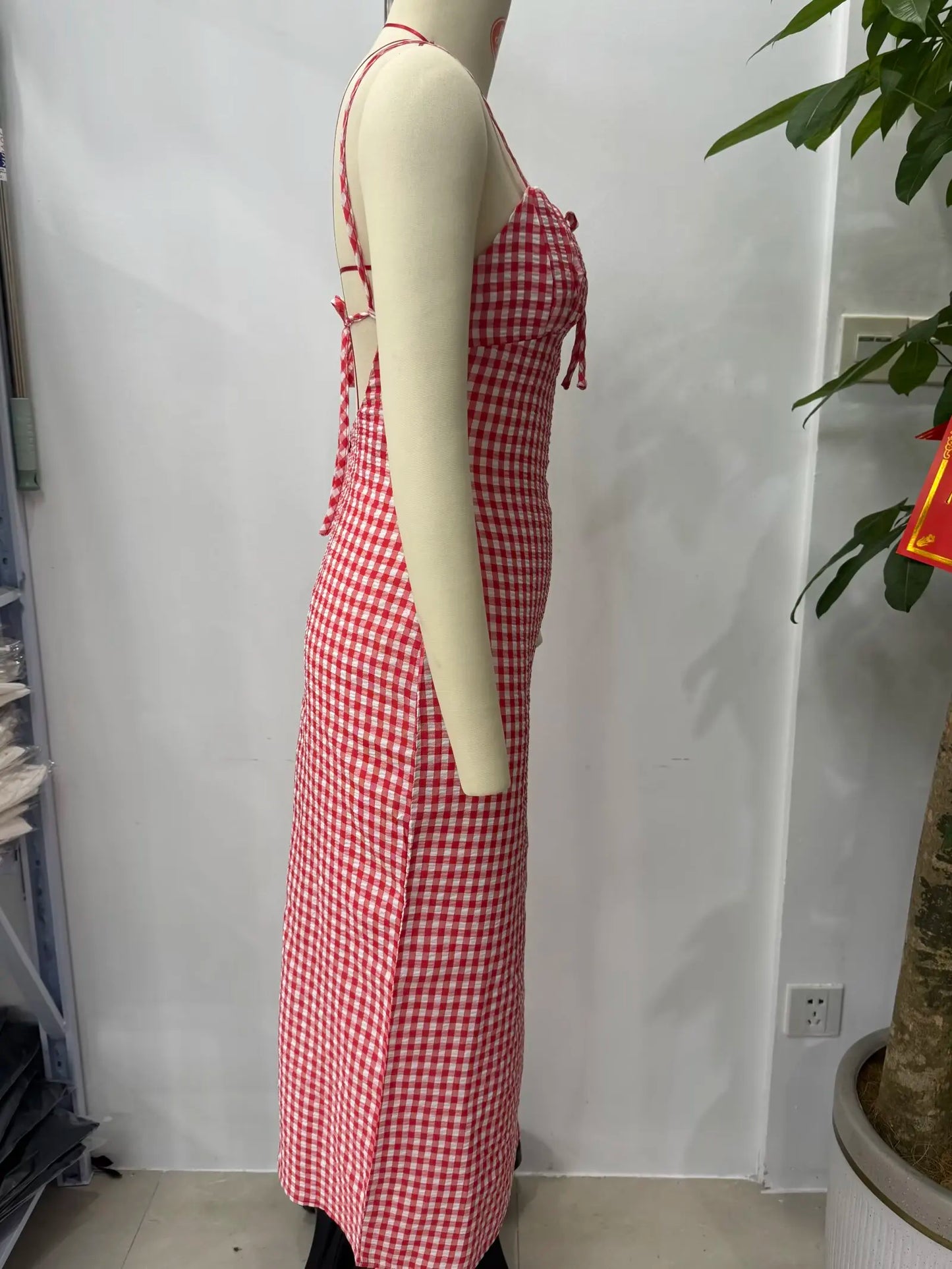 Summer 2025 Slit Backless MIDI Dress Grid Point Print Sexy V-Neck Charming Woman Clothing with High Thigh Split