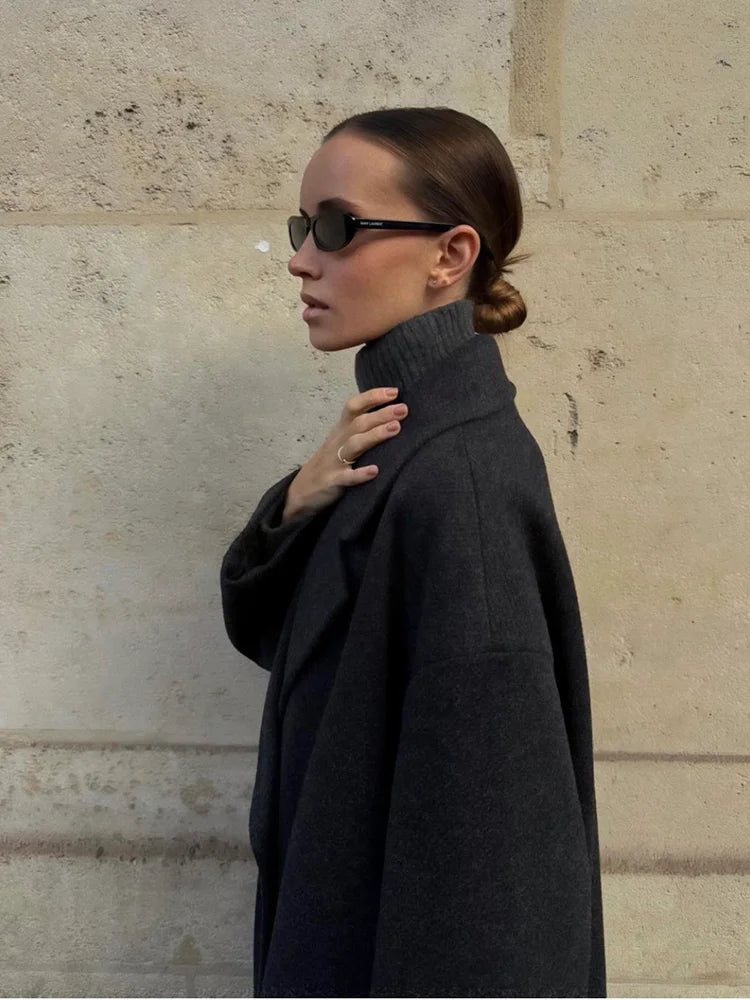 Women's Fashion Casual Loose Long Coat Coat Autumn and Winter Double-breasted Lapel Coat Warm and Soft Solid Colour Coat