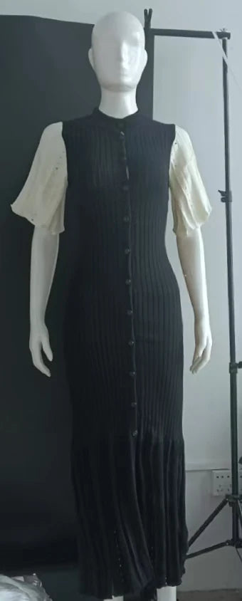 Elegant Knitted Single Breasted Midi Dress Women's Patchwork Dresses Female 2025 Summer Robe New Black Beige Robes Evening Party