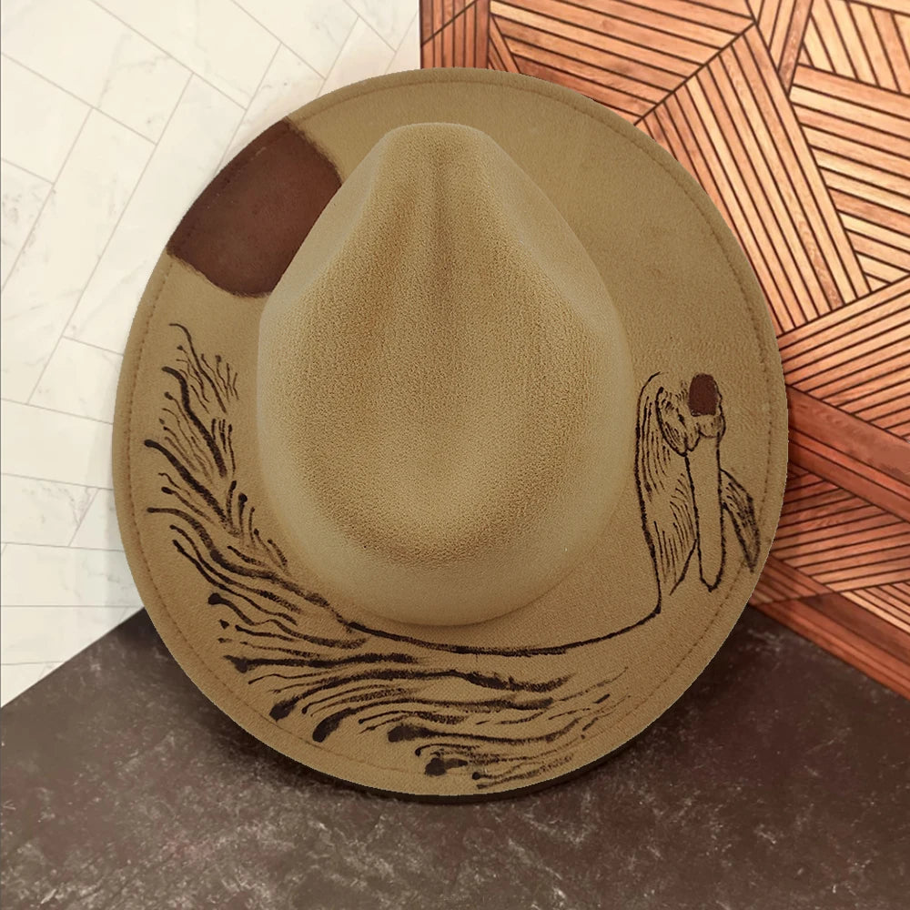 Hand-painted Fedora Hat Men's and Women's Hat Panama Spring Autumn Ribbon Suede Fedora Hat Wide Brim Jazz Cap 2023
