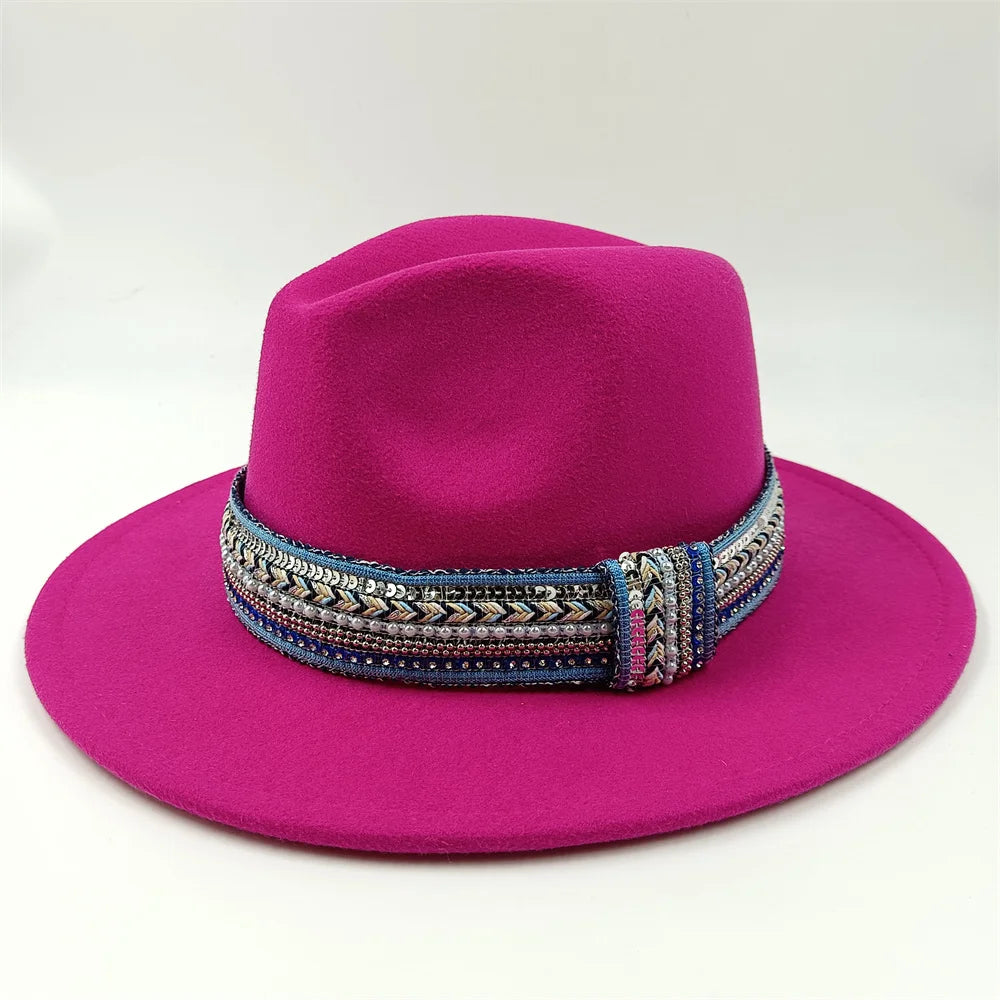 Blue Fedora Hat Pearl Rhinestone Design for Men and Women Panama Church Cap Fashionable Elegant Vintage Felt Hat fedoras