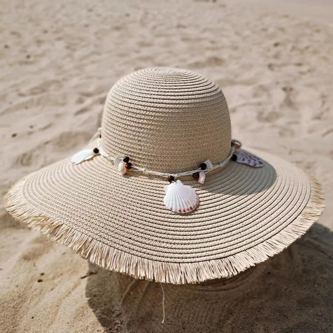 New Shell Accessories Fashionable Large Brim Women's Summer Straw Hat UV Resistant Sun Hat Sweet Beach Hat