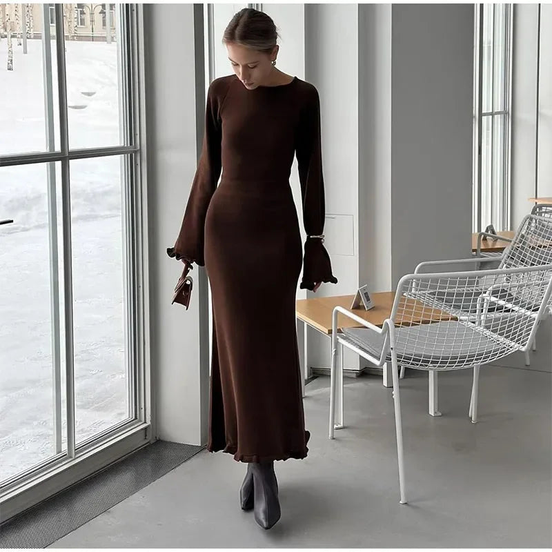 Elegant Roll Edge Party Dress For Women Long Sleeve O Neck Slim Flare Sleeve Long Robes 2025 New Lady High Street Evening Gown