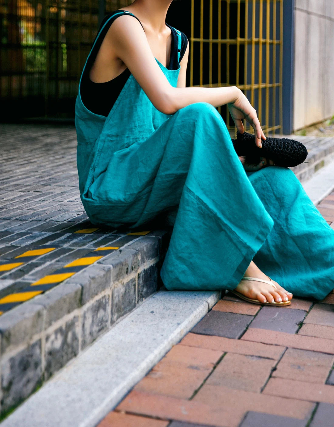 Women's Cotton and Linen Wide leg Jumpsuit Bf Casual Trousers Skirt Strappy Hemp Sling One Piece Pants