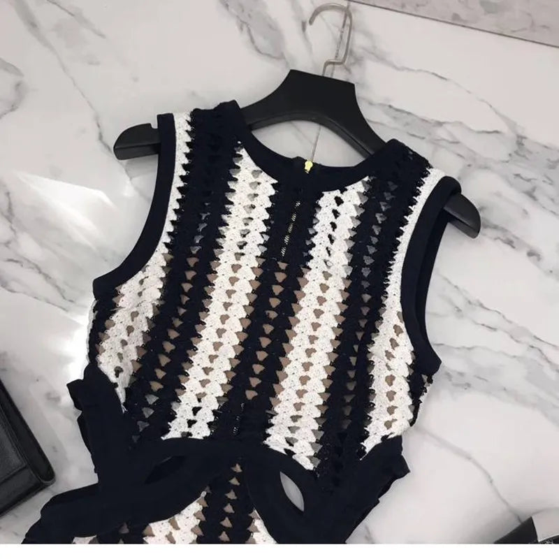 HANZANGL Women Dresses Knitted tank dress white blue patchwork striped tassel crochet casual beach Dress high quality