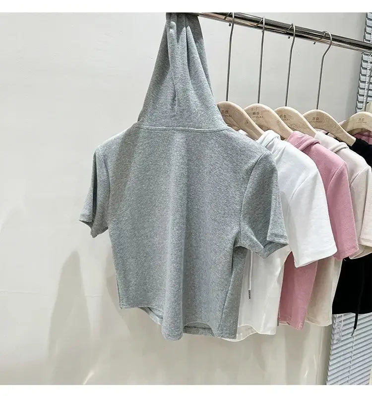 Hoodedslims Women's Double Zip Short Sleeve T-Shirt Cropped Top Sensible Design Polyester Fiber Summer 2025 New Arrival Jacket