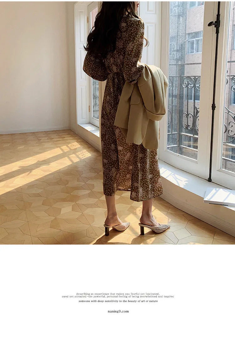 ARTKA 2023 Spring New Women Dress Elegant Loose Puff Sleeve Prints Dresses V-Neck High Waist A-Line Chiffon Long Dress A22LA055C