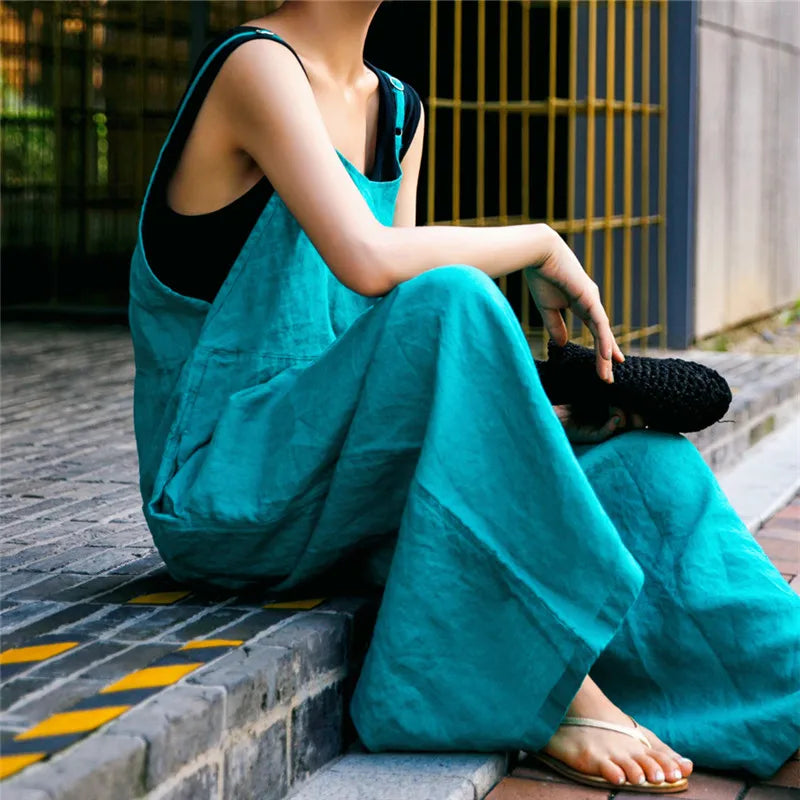 Women's Cotton and Linen Wide leg Jumpsuit Bf Casual Trousers Skirt Strappy Hemp Sling One Piece Pants