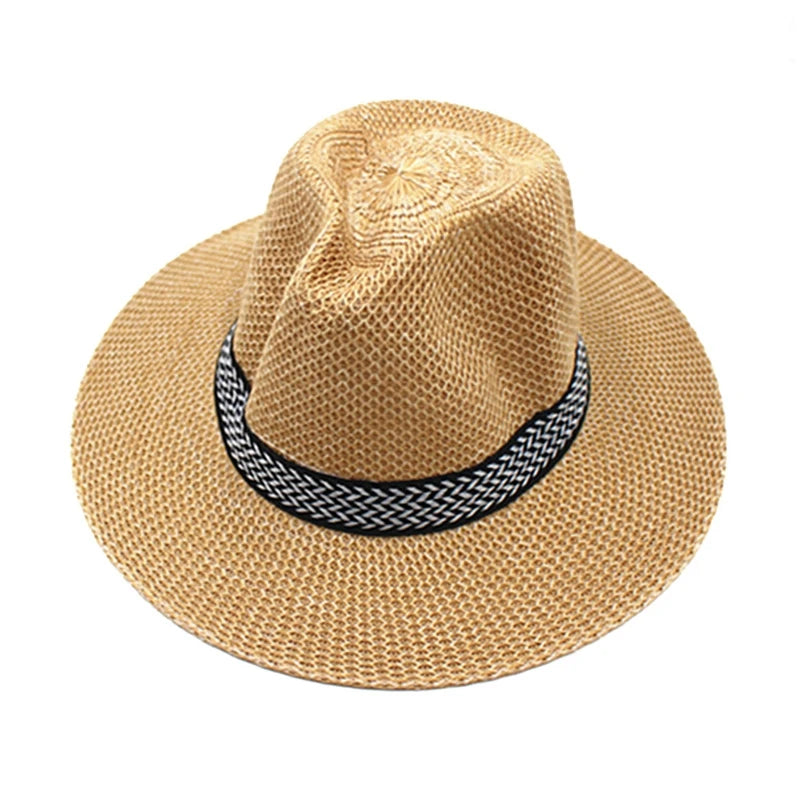 Men Wide Brim Jazz Hat Retro Trendy Chapeau Caps Wedding Party Fedora Hats Vintage Western Panama Travel Sunhat Straw Gorras