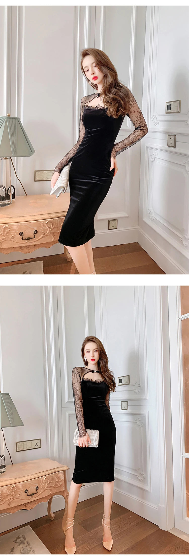 Spring Quality Elegant Sexy Dresses for Women 2023 Black Sheer Lace Hollow Cut Out Backless Midi Robe Femme Party Date Vestidos