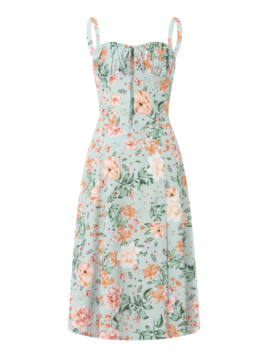 hirigin Floral Print Spaghetti Strap Pleated Midi Dress For Women Summer New Sleeveless Backless A-line Sexy Printed Long Dress