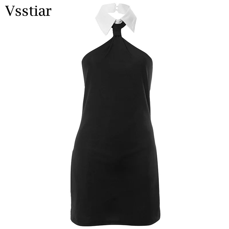 Vsstiar Elegant Turn-down Collar Mini Dress For Women Sexy Backless Sleeveless Vestidos Summer Fashion Streetwear Party Dress