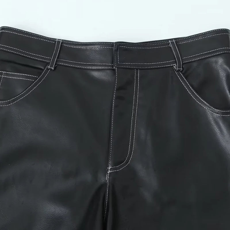 2023 Women's Autumn Black Faux Leather Wide Leg Fleece Pants Vintage Winter High Waist Office Lady PU Female Trousers Mujer