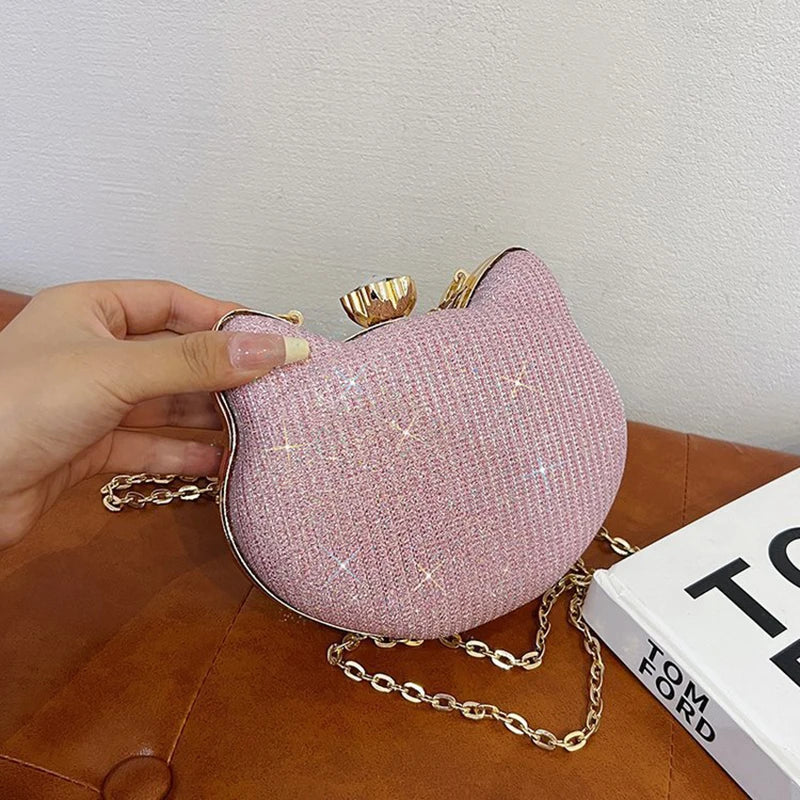 Fashion Ladies Clutch Bag Small Cat Shoulder Handbags Female Party Wedding Shine Evening Bag For Women Diamond Phone Chain Purse