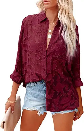 Elegant Long Sleeve Lapel Lace Blouse Office Lady Spring Summer Hollow Out Jacquard Loose Shirt Oversized Tops Luxury Chic Tunic