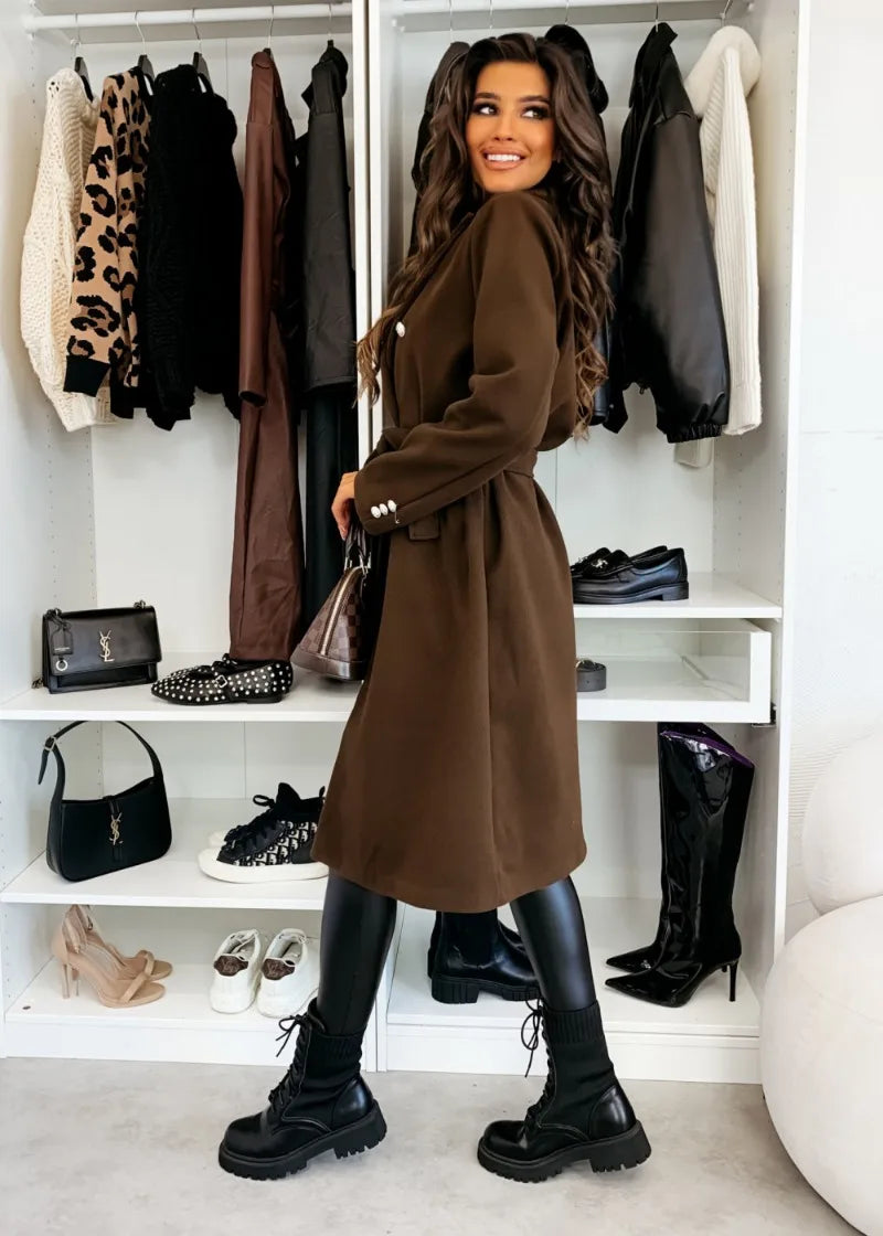 Women's Woolen Coat Autumn Winter Vintage Elegant Double Breasted Trench Coat Women Brown Long Sleeved Midi Windbreaker Jacket