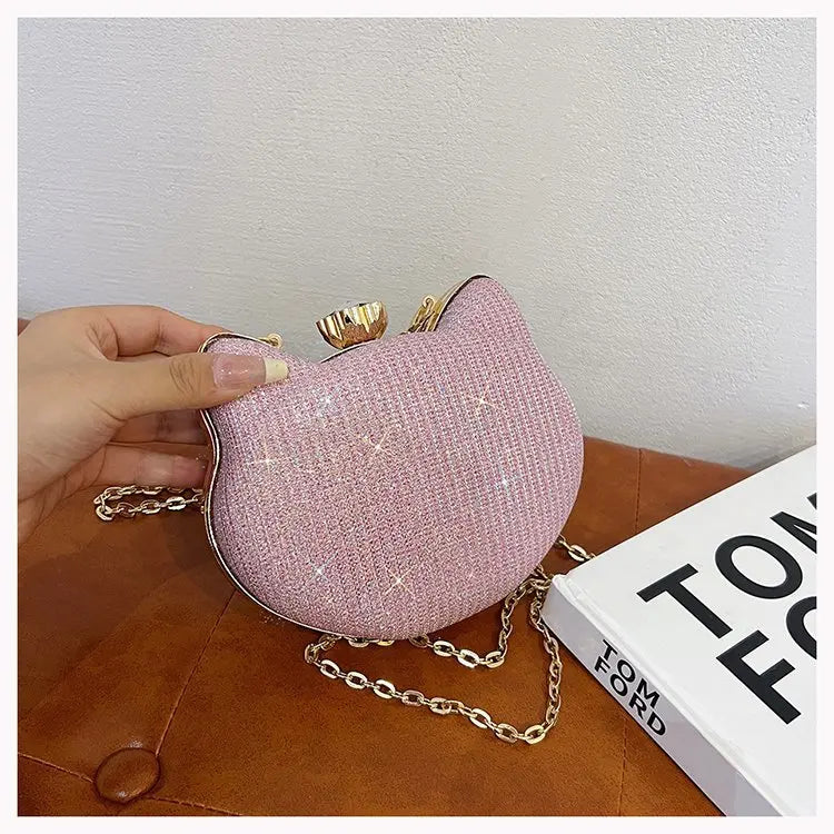 Fashion Ladies Clutch Bag Small Cat Shoulder Handbags Female Party Wedding Shine Evening Bag For Women Diamond Phone Chain Purse