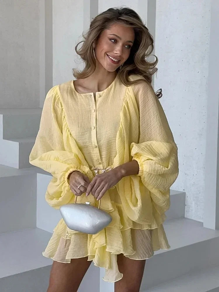 Women Single Breasted Ruffles Dress Fashion Solid Lantern Sleeve Loose Pleated Vestidos Summer Lady Vacation Party Gowns 2025