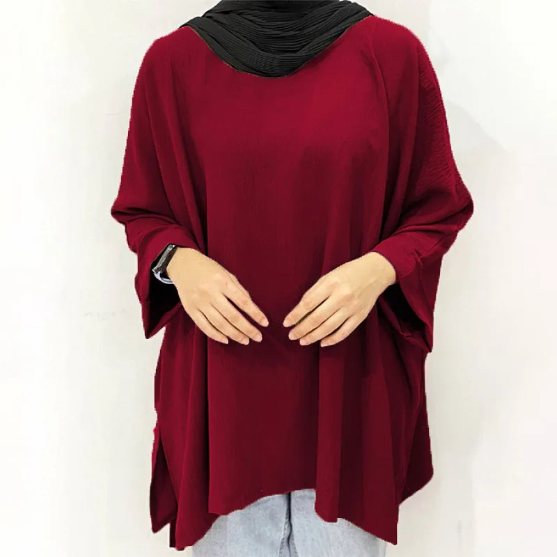 Southeast Asia Islam Abaya Kaftan New Long-sleeved Loose Casual Islam Abaya Kaftan Irregular Hem Ice Silk Women Shirt