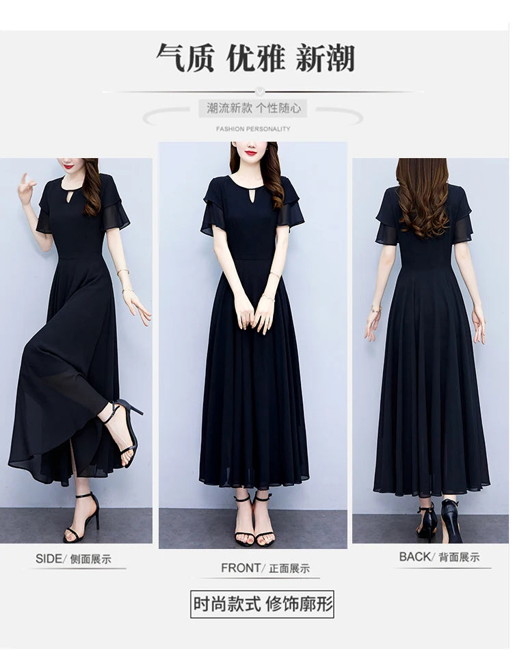 2024 Black Chic Ruffled Short Sleeve Midi Vestidos Women Vintage Hepburn Prom Long Robe Summer Solid Elegant Bodycon Party Dress