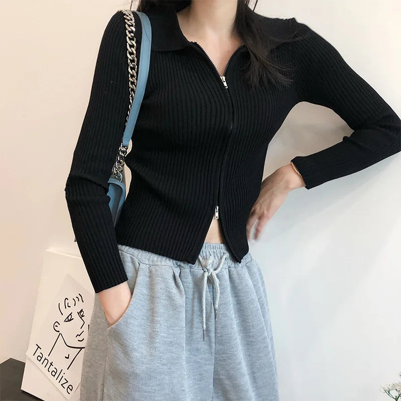 Elegant Korean Knitted Sweater Sexy Lapel Zipper Up Cardigan Women Vintage Harajuku Slim Coat Casual Ribbed Knit Cropped Tops