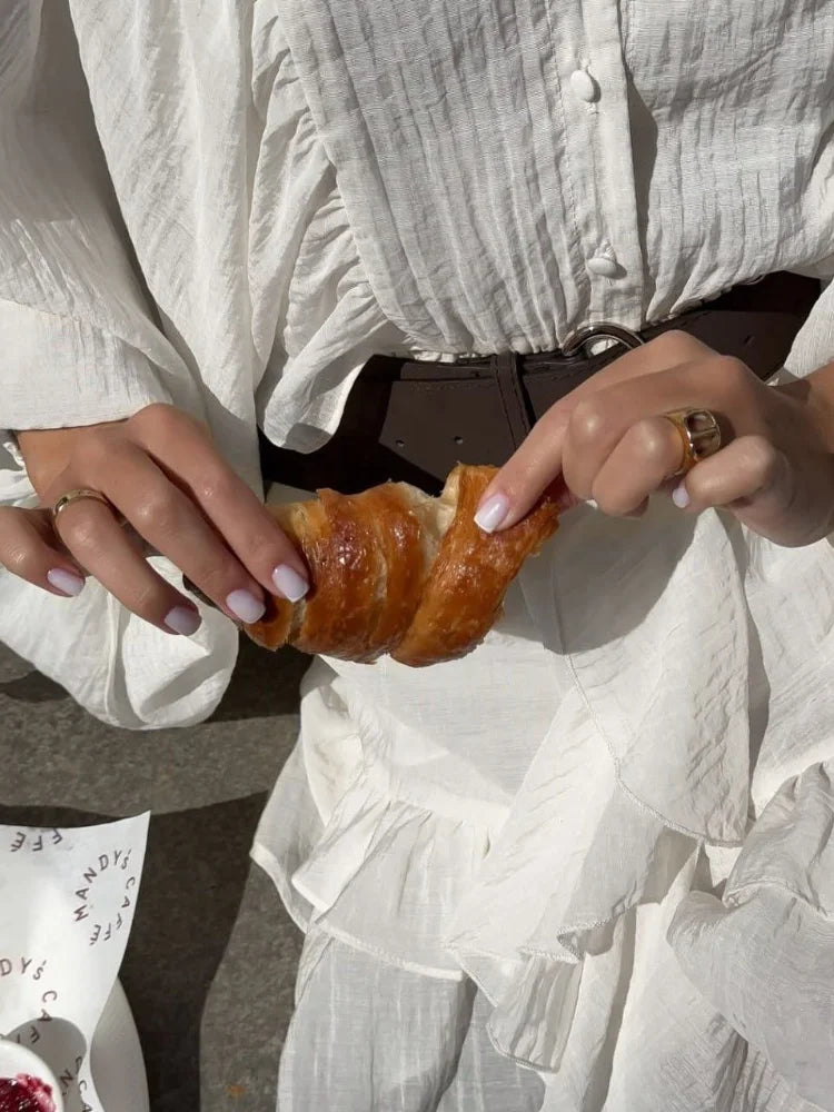 Women Single Breasted Ruffles Dress Fashion Solid Lantern Sleeve Loose Pleated Vestidos Summer Lady Vacation Party Gowns 2025