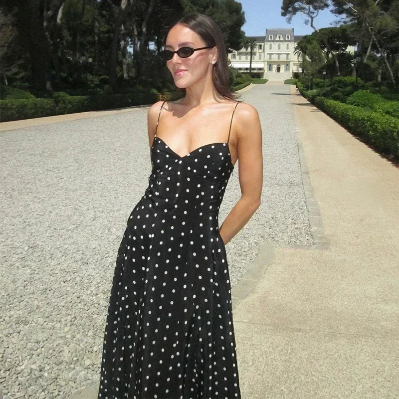 Dot Print Long Slip Dress Women Spring Summer V-neck Sleeveless Backless A-line Dresses Female Party Vintage Robes Lady Holiday