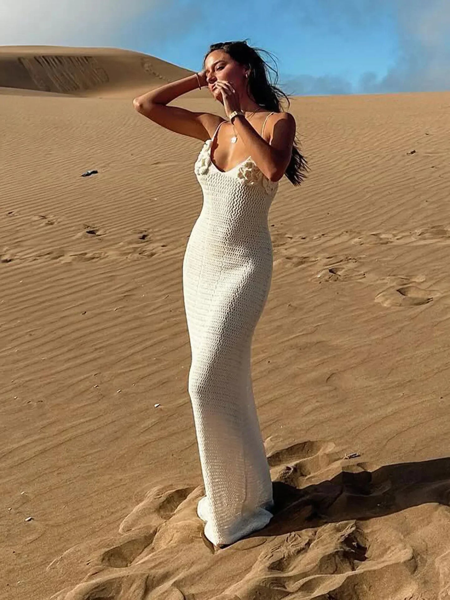 White Knit Cut Out Spaghetti Strap Flower Long Dress Sexy V Neck Bodycon Beach Maxi Dress 2025 Summer Women Holiday Outfit K79