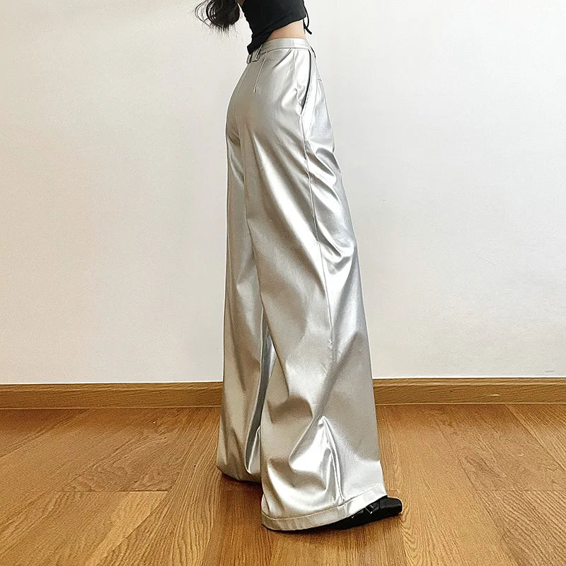 Silver Retro Matte Trendy Personalized All-match Casual High Street Cool Confident Casual Women's Autumn Wide Leg Pants
