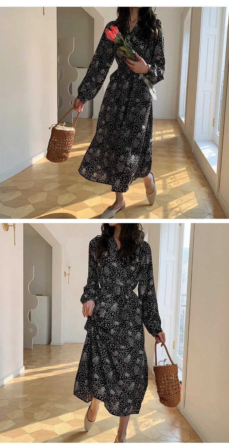 ARTKA 2023 Spring New Women Dress Elegant Loose Puff Sleeve Prints Dresses V-Neck High Waist A-Line Chiffon Long Dress A22LA055C