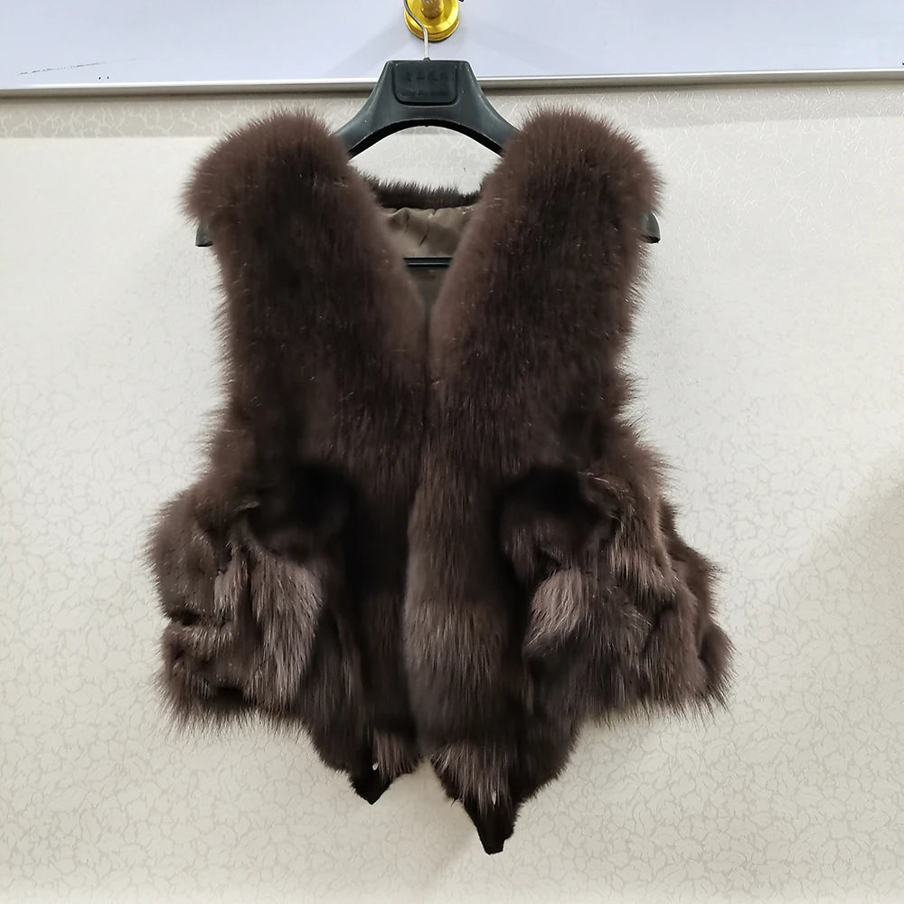 2025 Women Luxury 100% Genuine Real Fox Fur Vest Natural Soft Fox Fur Sleeveless Jacket New Lady Quality Warm Real Fox Fur Gilet