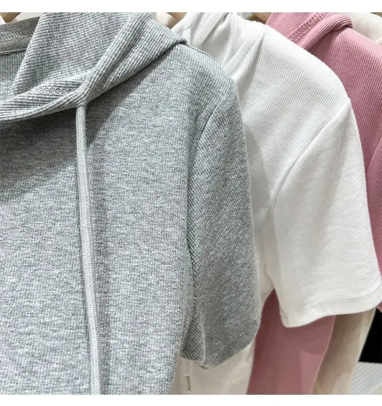 Hoodedslims Women's Double Zip Short Sleeve T-Shirt Cropped Top Sensible Design Polyester Fiber Summer 2025 New Arrival Jacket