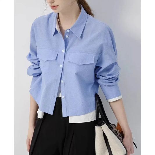 Blue Long Sleeve Women's Shirt Short Style College Style Fake Two-Piece Spring Autumn New Arrival Polo Collar Button up Top