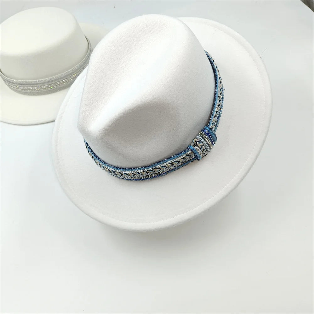 Blue Fedora Hat Pearl Rhinestone Design for Men and Women Panama Church Cap Fashionable Elegant Vintage Felt Hat fedoras
