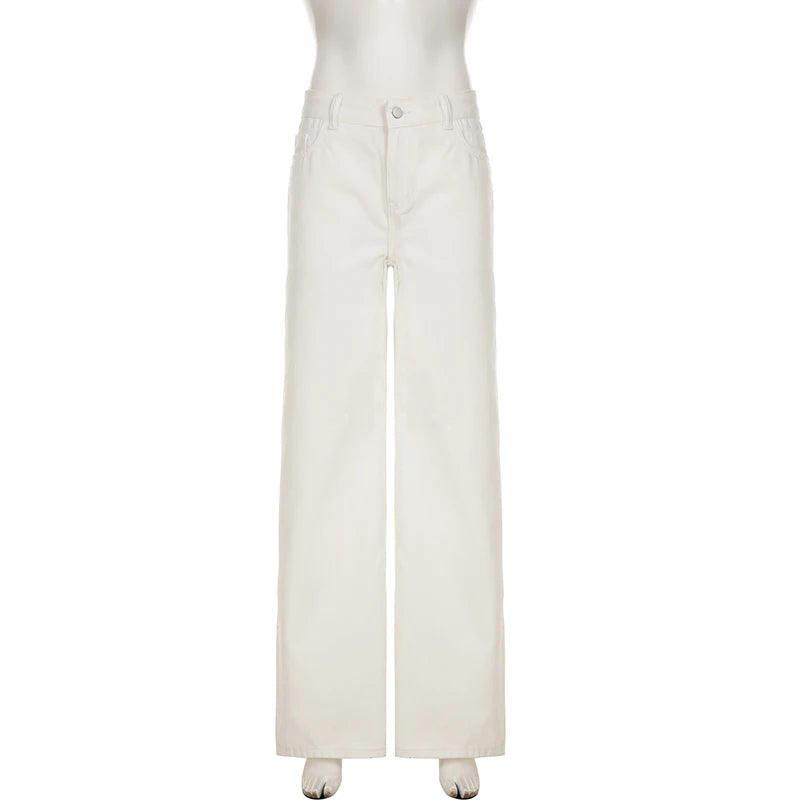 SUCHCUTE White Straight Leg Jeans for Women Casual Low Waisted Slim Denim Pants Fashion All-Match Trousers Streetwear Bottoms