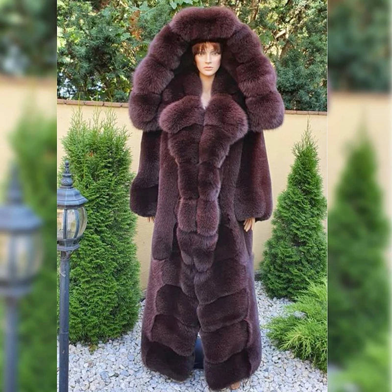 Genuine Full Pelt Fox Fur Jacket Women Winter Vintage Wine Red Hooded Straight Outertwear Luxury Real Fox Fur Coats Female